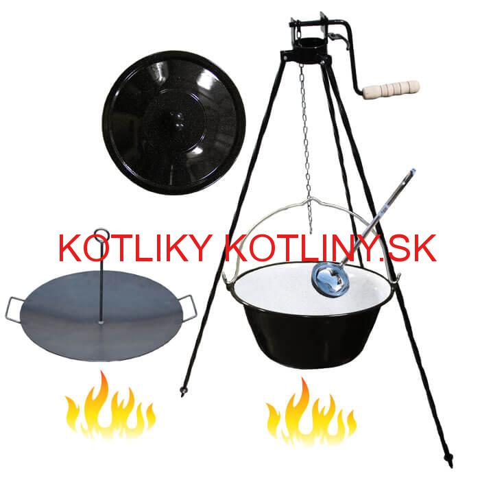 Smaltovaný kotlík 20 L (1,2 mm) + panvica na grilovanie a stojan s kladkou VAR