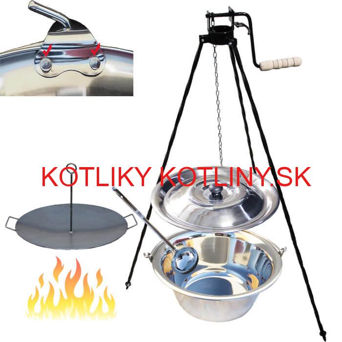 Antikorový kotlík 15 L (0,8 mm) s nitmi + panvica na grilovanie a stojan s kladkou VAR
