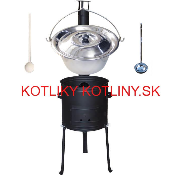 Antikorový kotlík 22 L (0,8 mm) + kovová kotlina s vysokými nožičkami 42 cm + vareška a naberačka