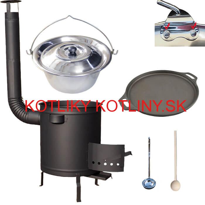 Nerezový kotlík 20 L (0,8 mm) zosilnený s nitmi + Liatinová panvica 43 cm + hrubostenná (1,5 mm) a žiaruvzdorná kotlina 42 PLUS 600