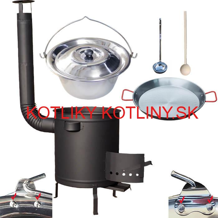 Nerezový kotlík 15 L (0,8 mm) zosilnený s nitmi + Paella panvica 38 cm + hrubostenná (1,5 mm) žiaruvzdorná kotlina 36 PLUS 600