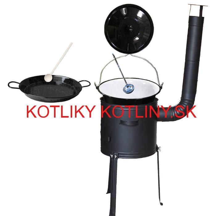Smaltovaný kotlík 20 L + Paella panvica 46 cm + kovová kotlina s vysokými nožičkami 42 cm, žiaruvzdorná farba Plus 700