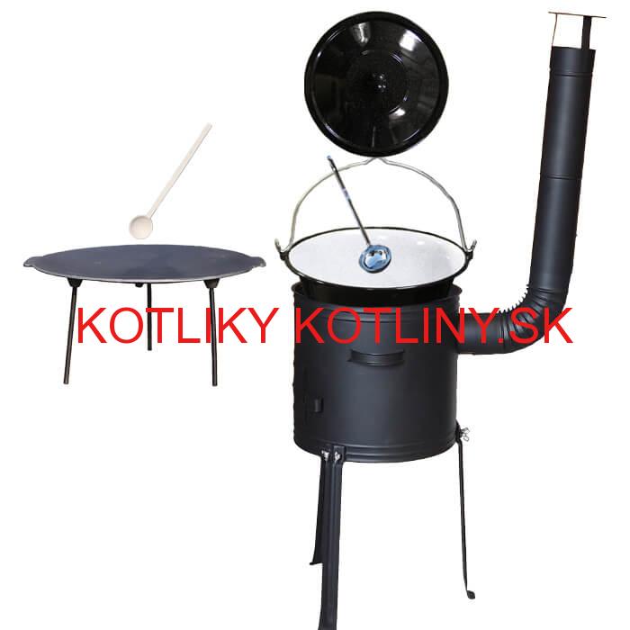 Smaltovaný kotlík 25 L + Liatinová panvica 45 cm + kovová kotlina s vysokými nožičkami 42 cm, žiaruvzdorná farba Plus 700