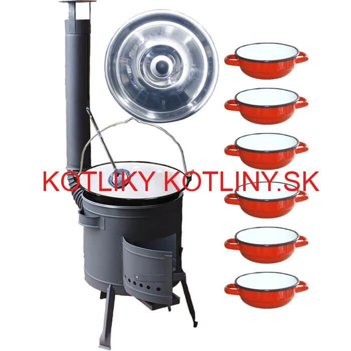 Smaltovaný kotlík 25 L + selské misky 6 ks + nízka žiaruvzdorná kotlina 42 cm PLUS 600