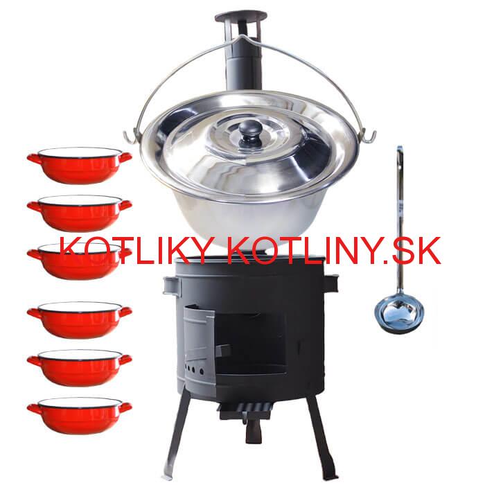 Nerezový kotlík 22 L (0,8 mm) INOX + selské misky 6 ks + nízka žiaruvzdorná kotlina 42 cm PLUS 600