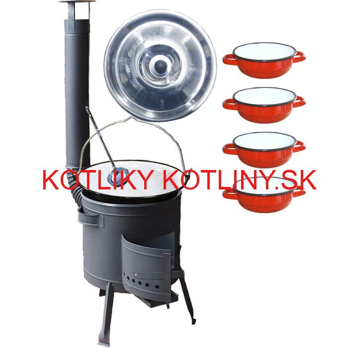 Smaltovaný kotlík 16 L + selské misky 4 ks + nízka žiaruvzdorná kotlina 39 cm PLUS 600