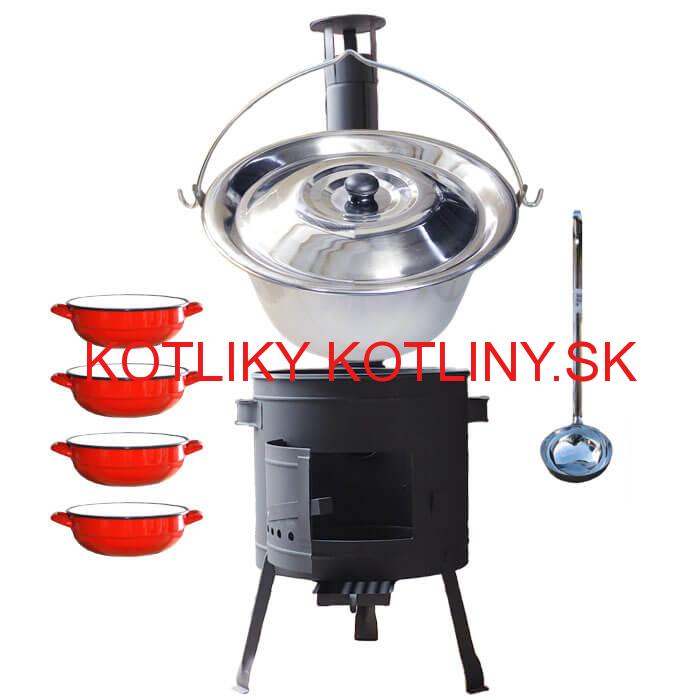 Nerezový kotlík 22 L (0,8 mm) INOX + selské misky 4 ks + nízka žiaruvzdorná kotlina 42 cm PLUS 600