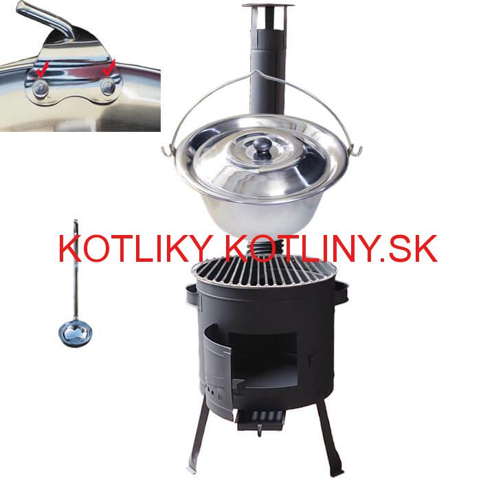 Nerezový kotlík 20 L (0,8 mm) s nitmi INOX + Nerezový rošt 45 cm + nízka žiaruvzdorná kotlina 42 cm PLUS 600