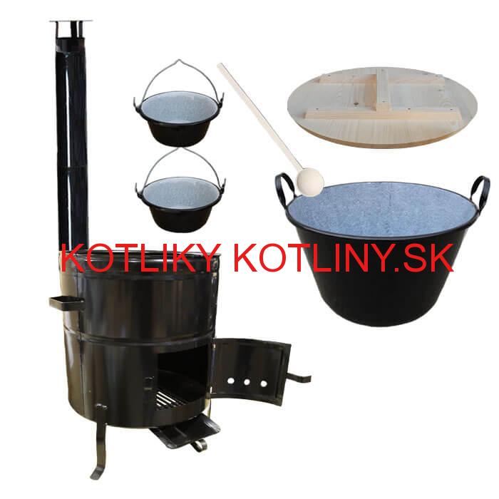 Zabíjačkový smaltovaný kotol 100 L + kovová kotlina 60 cm + 2 servírovacie kotlíky