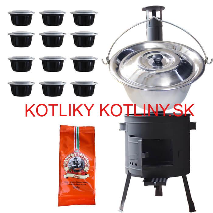 Nerezový kotlík 22 L (0,8 mm) + korenie na guláš 100 g + misky 12 ks + nízka žiaruvzdorná kotlina (0,8 mm) 42 PLUS 600