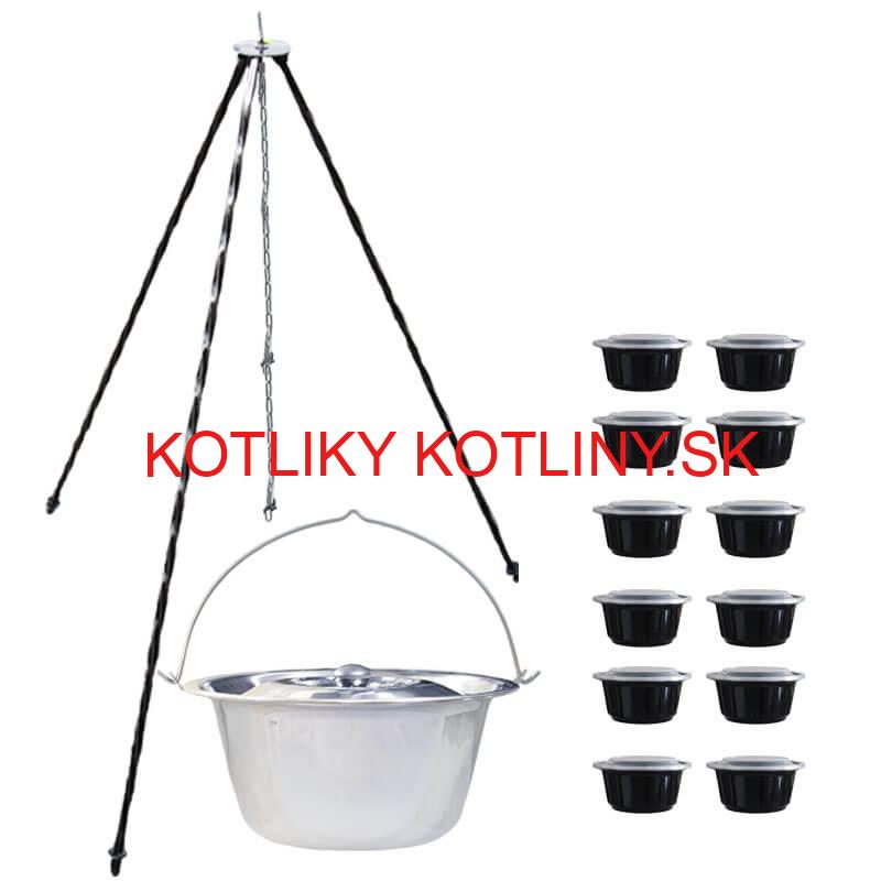Nerezový kotlík 8 L (0,8 mm) + antikorová pokrievka + stojan + misky 12 ks