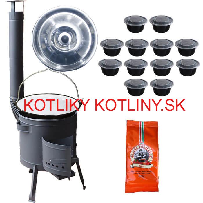 Smaltovaný kotlík 20 L (1,2 mm) + pokrievka + misky 12 ks + nízka žiaruvzdorná kotlina (0,8 mm) 42 PLUS 600