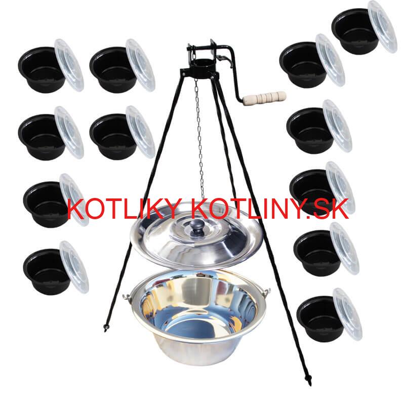 Nerezový kotlík 14 L (0,8 mm) INOX+ stojan s kladkou VAR + misky 12 ks
