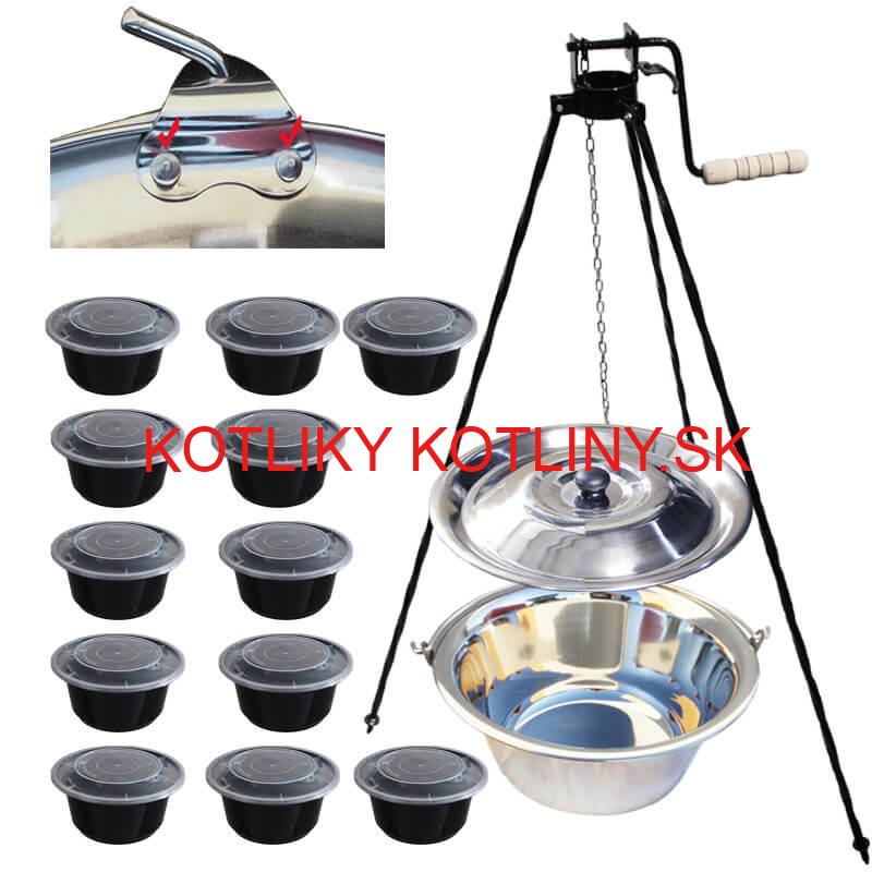 Antikorový kotlík 15 L (0,8 mm) s nitmi + stojan s kladkou VAR + misky 12 ks