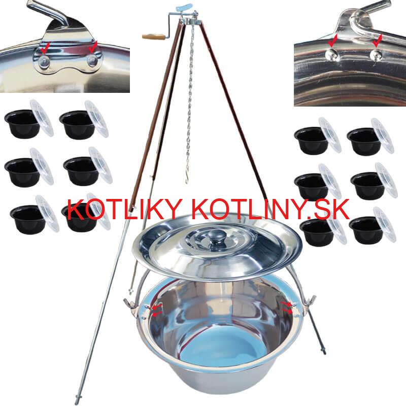 Antikorový kotlík 30 L (0,8 mm) s nitmi + teleskopická trojnožka s poistnou kladkou + misky 12 ks
