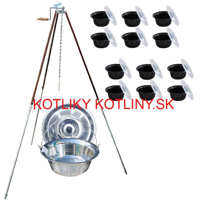 Antikorový kotlík 30 L (1,2 mm) + teleskopická trojnožka s poistnou kladkou + misky 12 ks