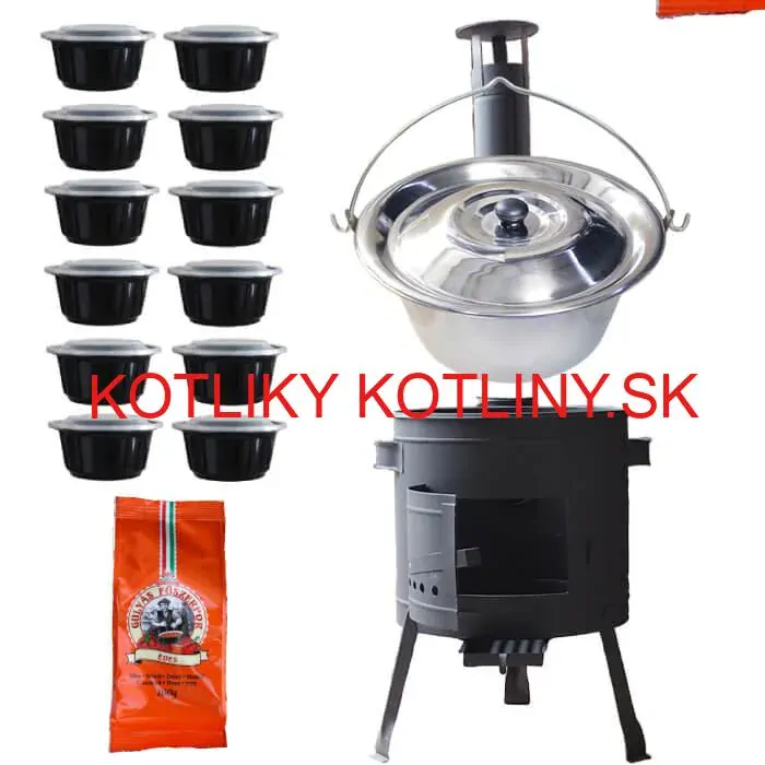 Nerezový kotlík 22 L (0,8 mm) INOX + hrubostenná (1,5 mm) žiaruvzdorná kotlina BALKY STRONG 42 PLUS 600 + misky 12 ks + paprikové korenie na guláš 100 g