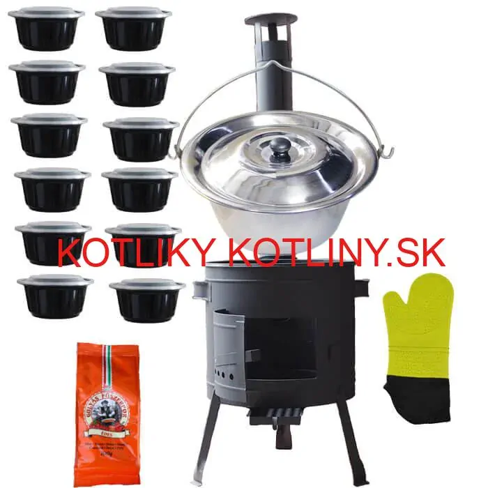 Nerezový kotlík 22 L (0,8 mm) + misky 12 ks + nízka žiaruvzdorná kotlina (1,5 mm) 42 PLUS 600