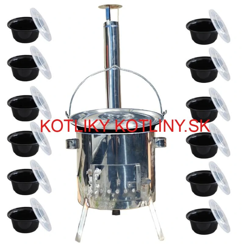 Smaltovaný kotlík 13 L + Nerezová kotlina 36 INOX LUSTRO + misky 12 ks