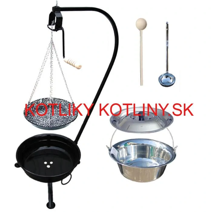Nerezový kotlík 14 L (0,8 mm) INOX + smaltovaná panvica + ohnisko so stojanom a s poistnou kladkou VAR