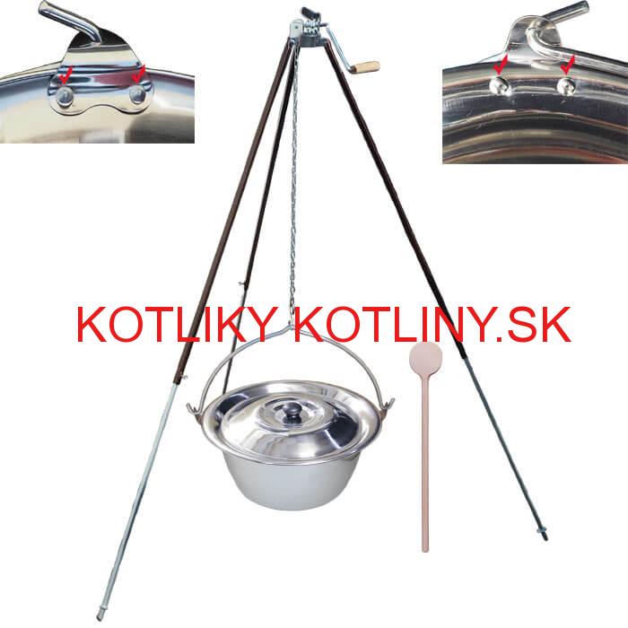 Antikorový kotlík 15 L (0,8 mm) s nitmi + teleskopická trojnožka s poistnou kladkou + pokrievka