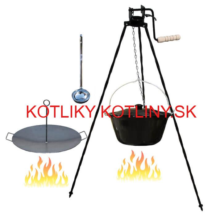 Smaltovaný kotlík 16 L (1,2 mm) + panvica na grilovanie a stojan s kladkou VAR