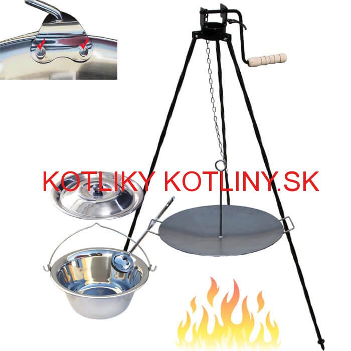 Antikorový kotlík 15 L (0,8 mm) s nitmi + panvica na grilovanie a stojan s kladkou VAR
