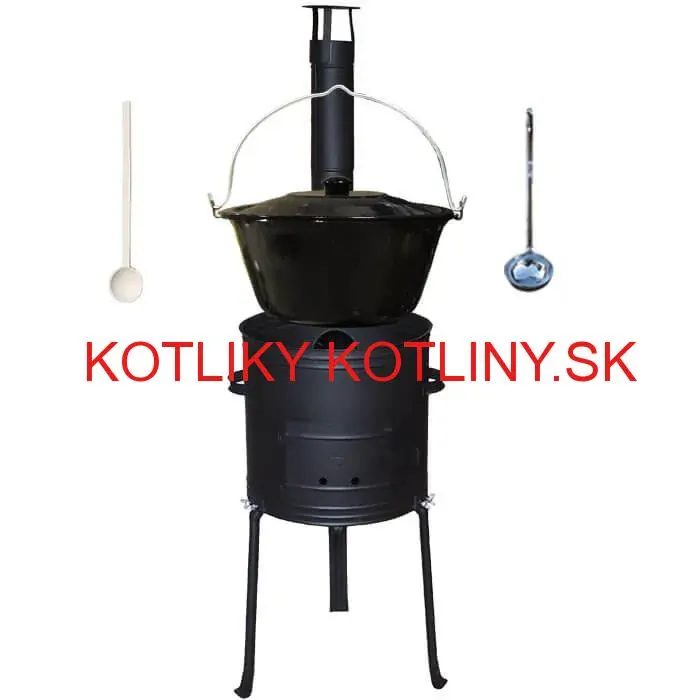Smaltovaný kotlík 20 L + kovová kotlina s vysokými nožičkami 42 cm, žiaruvzdorná farba Plus 700 + vareška a naberačka