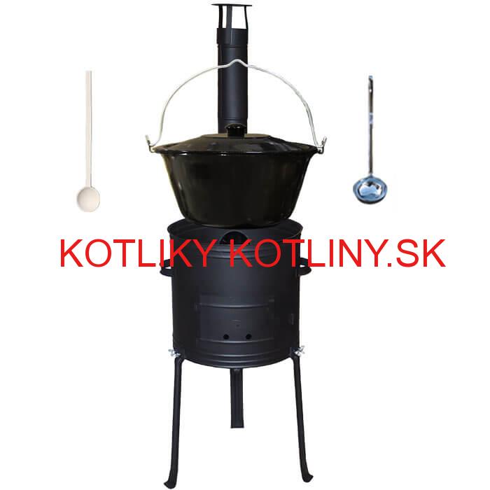 Smaltovaný kotlík 25 L + kovová kotlina s vysokými nožičkami 42 cm, žiaruvzdorná farba Plus 700 + vareška a naberačka