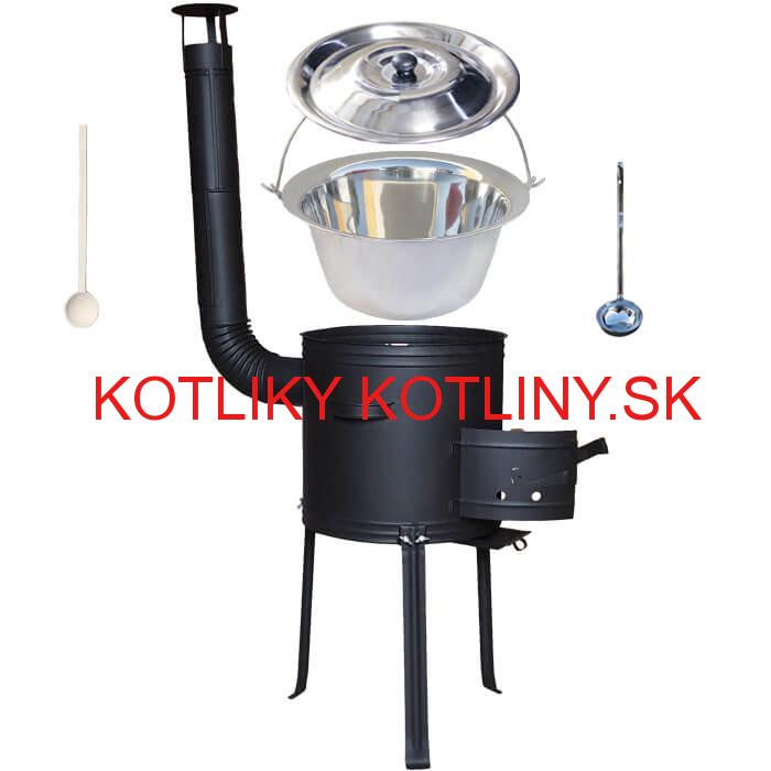 Antikorový kotlík 20 L (1,2 mm) + kovová kotlina s vysokými nožičkami 42 cm, žiaruvzdorná farba Plus 700 + vareška a naberačka