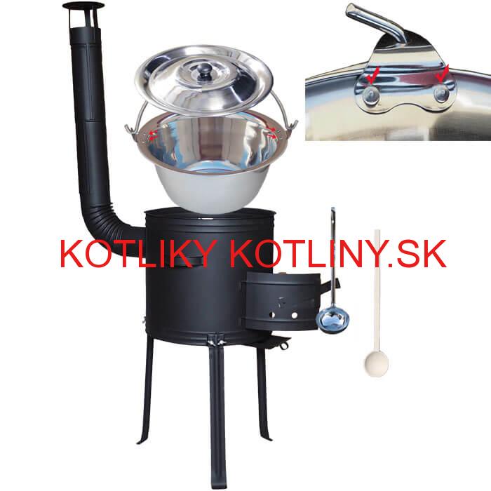 Antikorový kotlík 20 L (0,8 mm) zosilnený s nitmi + kovová kotlina s vysokými nožičkami 42, žiaruvzdorná farba Plus 700 + vareška a naberačka