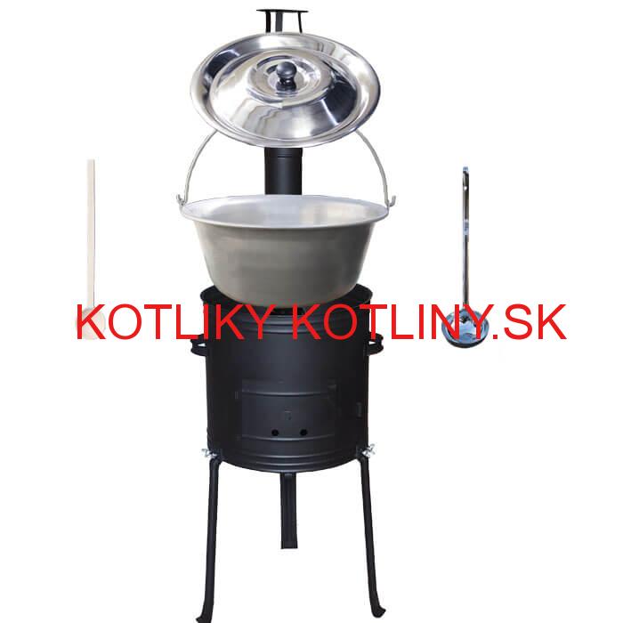 Nerezový kotlík 20 L (1,5 mm) + kovová kotlina s vysokými nožičkami 42 cm, žiaruvzdorná farba Plus 700 + vareška a naberačka