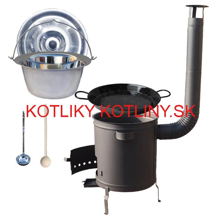 Nerezový kotlík 14 L (0,8 mm) + Paella panvica 38 cm + hrubostenná (1,5 mm) žiaruvzdorná kotlina (1,5 mm) 36 PLUS 600