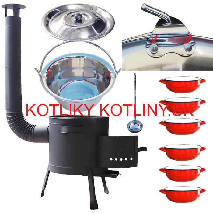 Nerezový kotlík 15 L (0,8 mm) s nitmi INOX + selské misky 6 ks + nízka žiaruvzdorná kotlina 36 cm PLUS 600