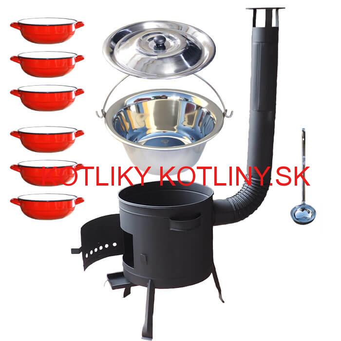 Nerezový kotlík 22 L (0,8 mm) INOX + selské misky 6 ks + nízka žiaruvzdorná kotlina 42 cm PLUS 600