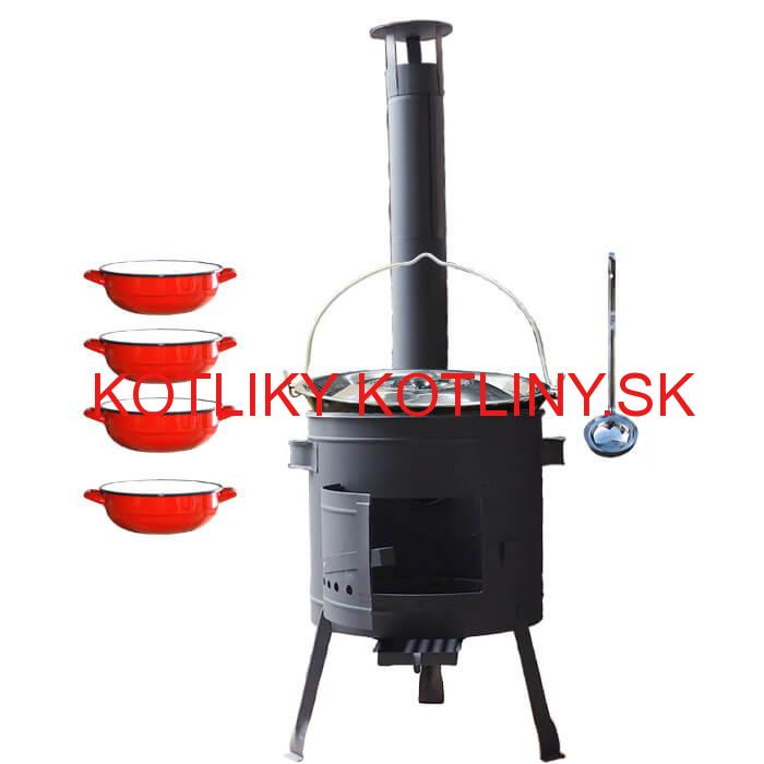 Smaltovaný kotlík 20 L + selské misky 4 ks + nízka žiaruvzdorná kotlina 42 cm PLUS 600