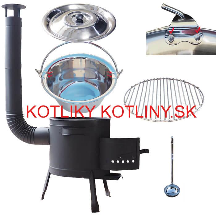 Nerezový kotlík 20 L (0,8 mm) s nitmi INOX + Nerezový rošt 45 cm + nízka žiaruvzdorná kotlina 42 cm PLUS 600