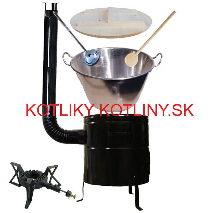 Zabíjačkový nerezový kotol 100 L, kovová kotlina 60 cm, drevená pokrievka, horák 7 kW + dymovod