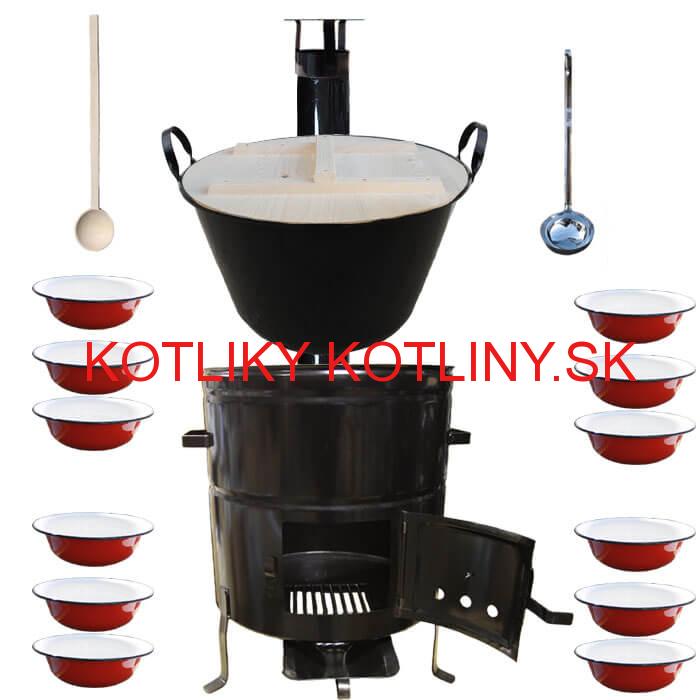 Smaltovaný kotol 100 L + smaltované taniere 12 ks + vareška a naberačka BIG PARTY
