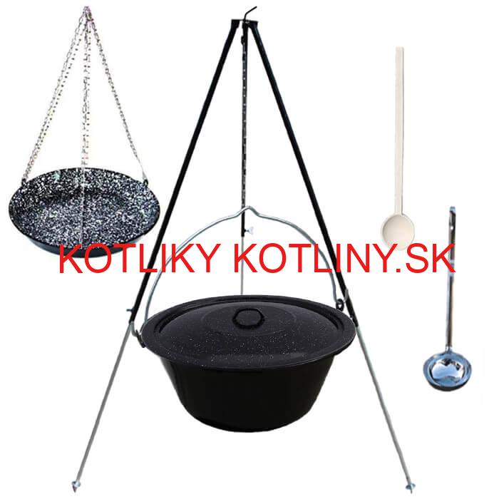 Smaltovaný kotlík 30 L + panvica na grilovanie + teleskopická trojnožka