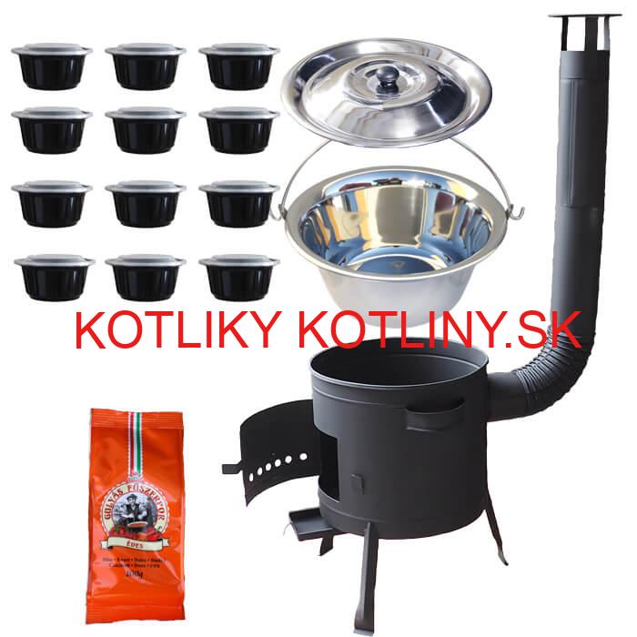 Nerezový kotlík 22 L (0,8 mm) + korenie na guláš 100 g + misky 12 ks + nízka žiaruvzdorná kotlina (0,8 mm) 42 PLUS 600