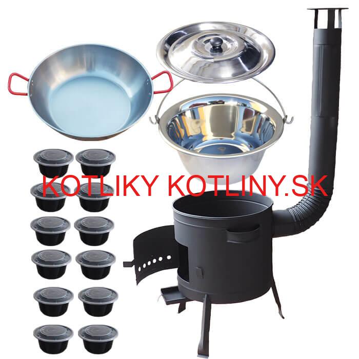 Nerezový kotlík 22 L (0,8 mm) INOX + Panvica PAELLA (WOK) 45 cm + misky 12 ks + nízka kotlina 42 PLUS 600