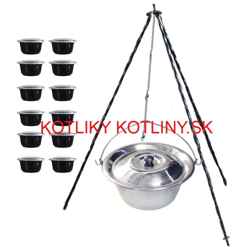 Nerezový kotlík 14 L (0,8 mm) + antikorová pokrievka + stojan + misky 12 ks