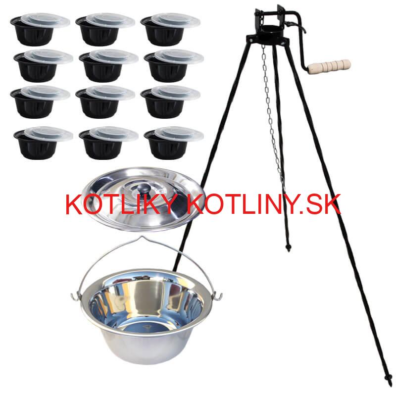 Nerezový kotlík 14 L (0,8 mm) INOX+ stojan s kladkou VAR + misky 12 ks