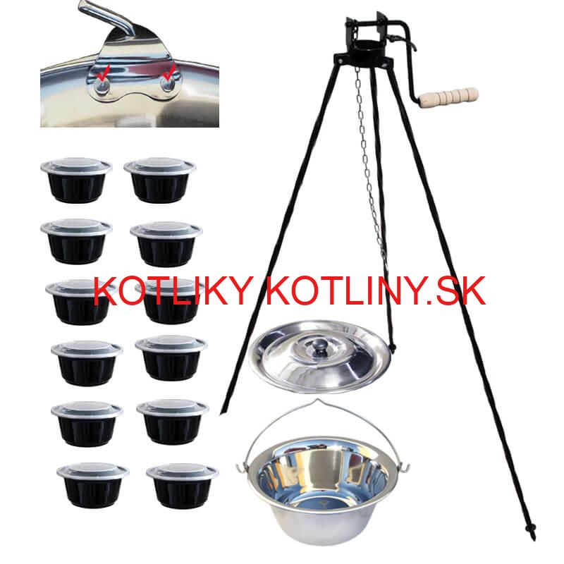 Antikorový kotlík 15 L (0,8 mm) s nitmi + stojan s kladkou VAR + misky 12 ks