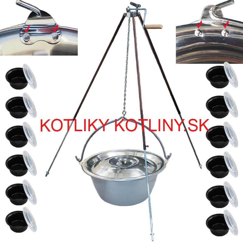 Antikorový kotlík 30 L (0,8 mm) s nitmi + teleskopická trojnožka s poistnou kladkou + misky 12 ks