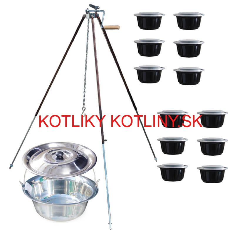 Antikorový kotlík 30 L (1,2 mm) + teleskopická trojnožka s poistnou kladkou + misky 12 ks
