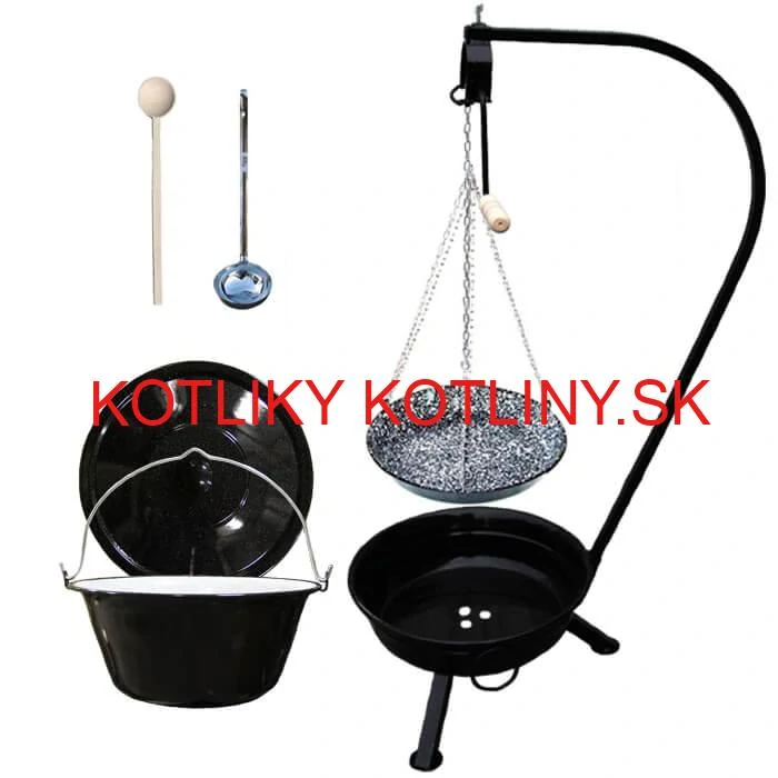 Smaltovaný kotlík 20 L (1,2 mm) + pokrievka + smaltovaná panvica + vareška + naberačka + prenosné ohnisko