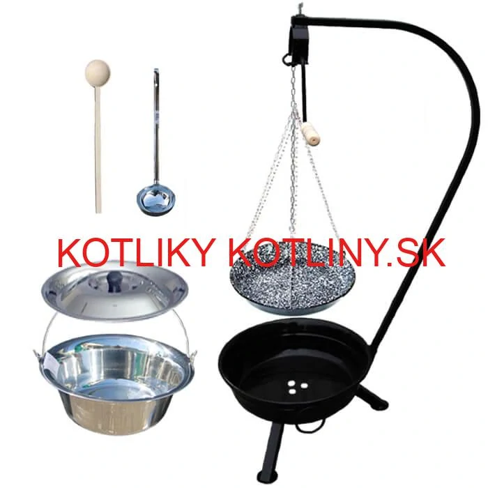 Nerezový kotlík 20 L (1,2 mm) INOX + smaltovaná panvica + ohnisko so stojanom a s poistnou kladkou VAR