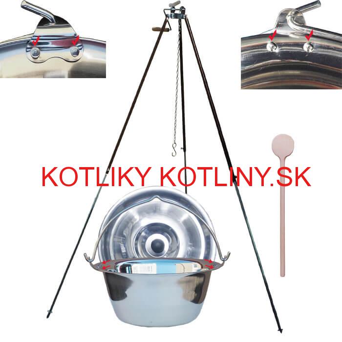 Antikorový kotlík 30 L (0,8 mm) s nitmi + teleskopická trojnožka s poistnou kladkou + pokrievka